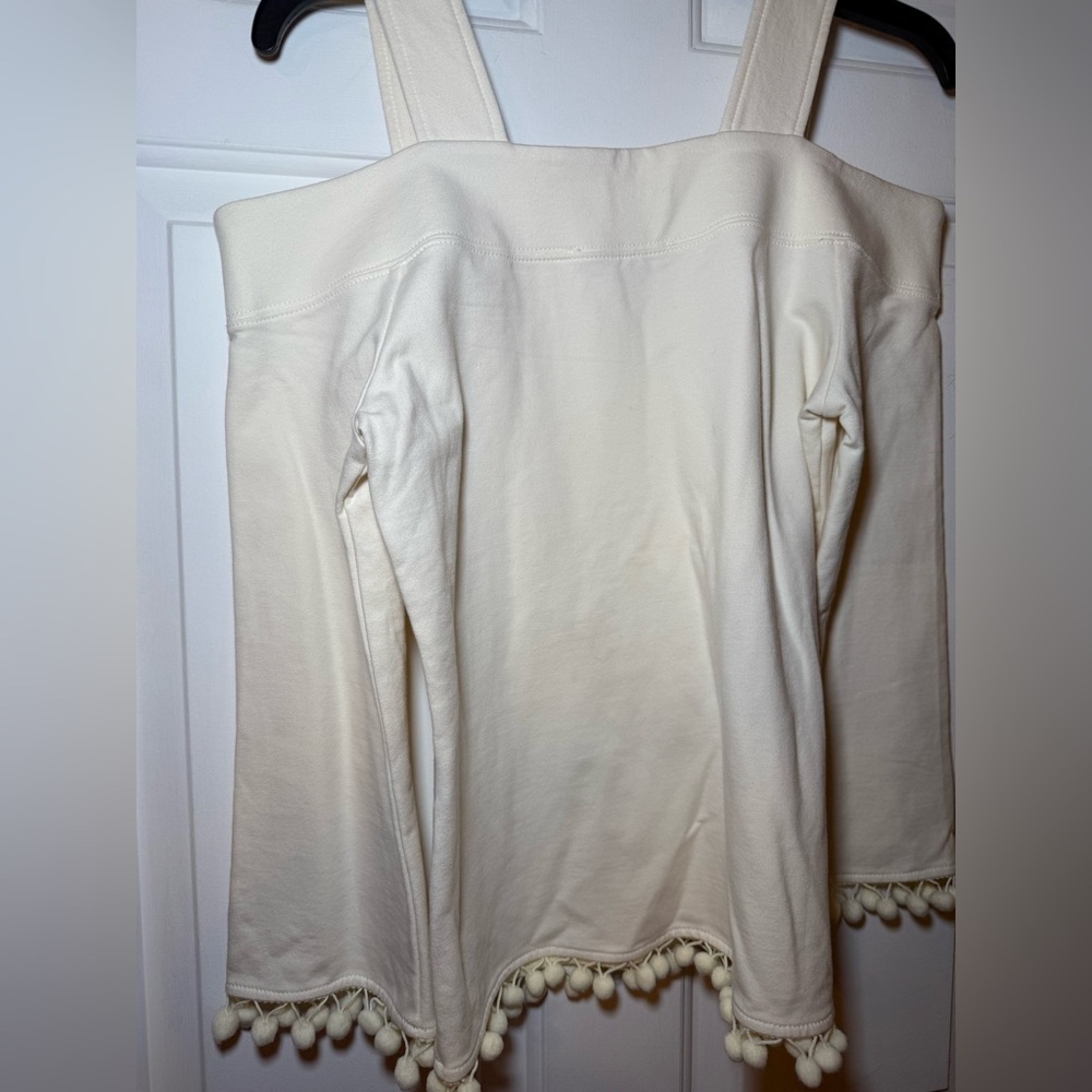 Boston Proper Ivory Cold / Off Shoulder Blouse Pom Pom Accent XS BOHO Fun Cotton - Picture 6 of 8